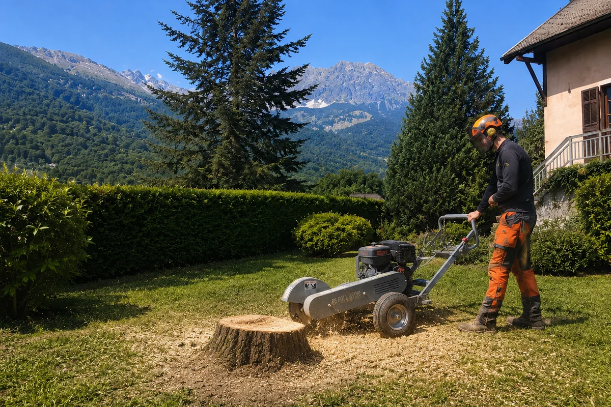 Rogneuse de souche et zone travaillée au sol